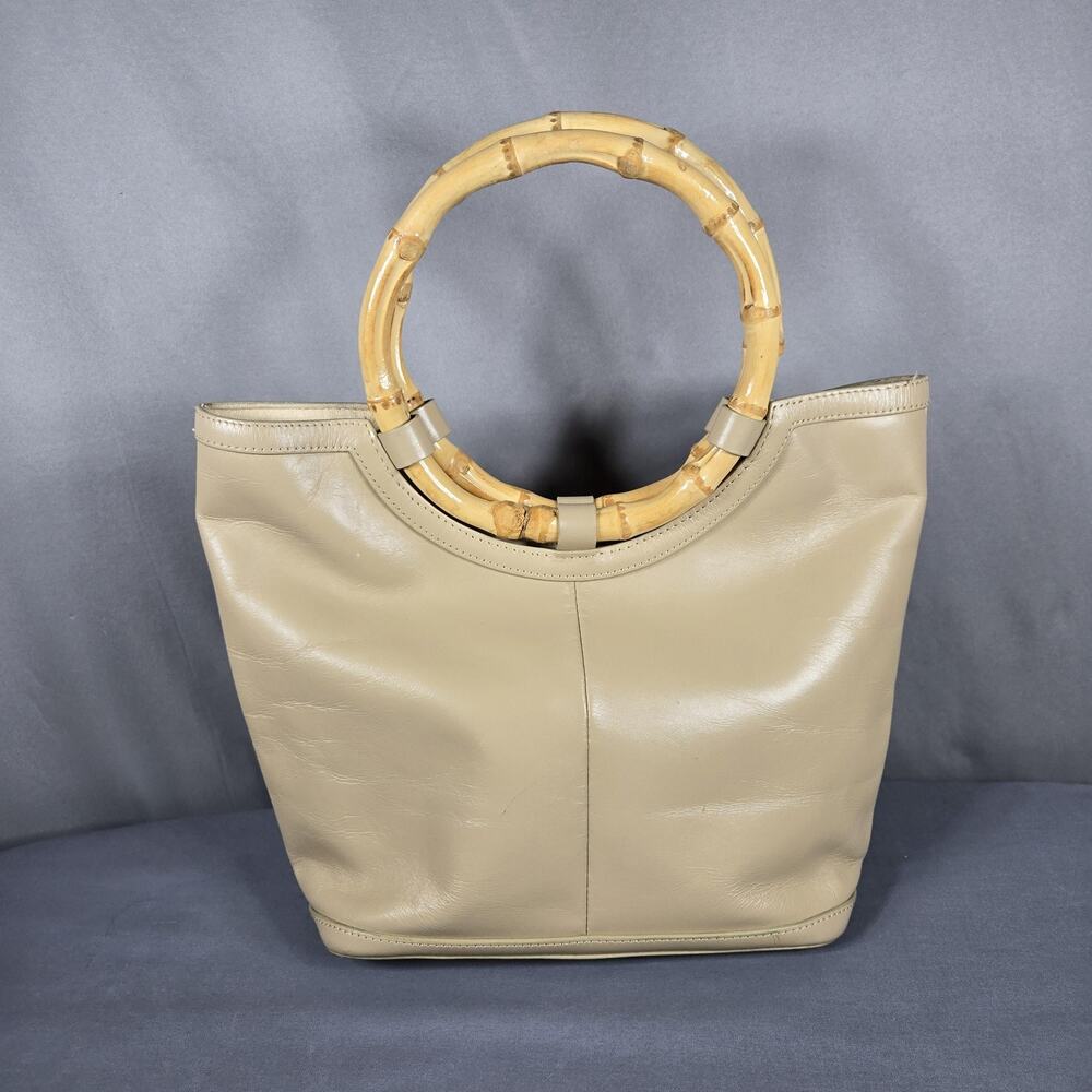 Talbots Leather Top Handle Tote Bag Women Beige Bamboo Handles Purse Handbag - Picture 3 of 10